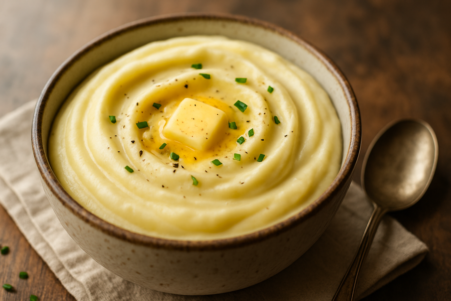 Bowl of ultra-creamy mashed potatoes with melting butter and fresh herbs on rustic table
