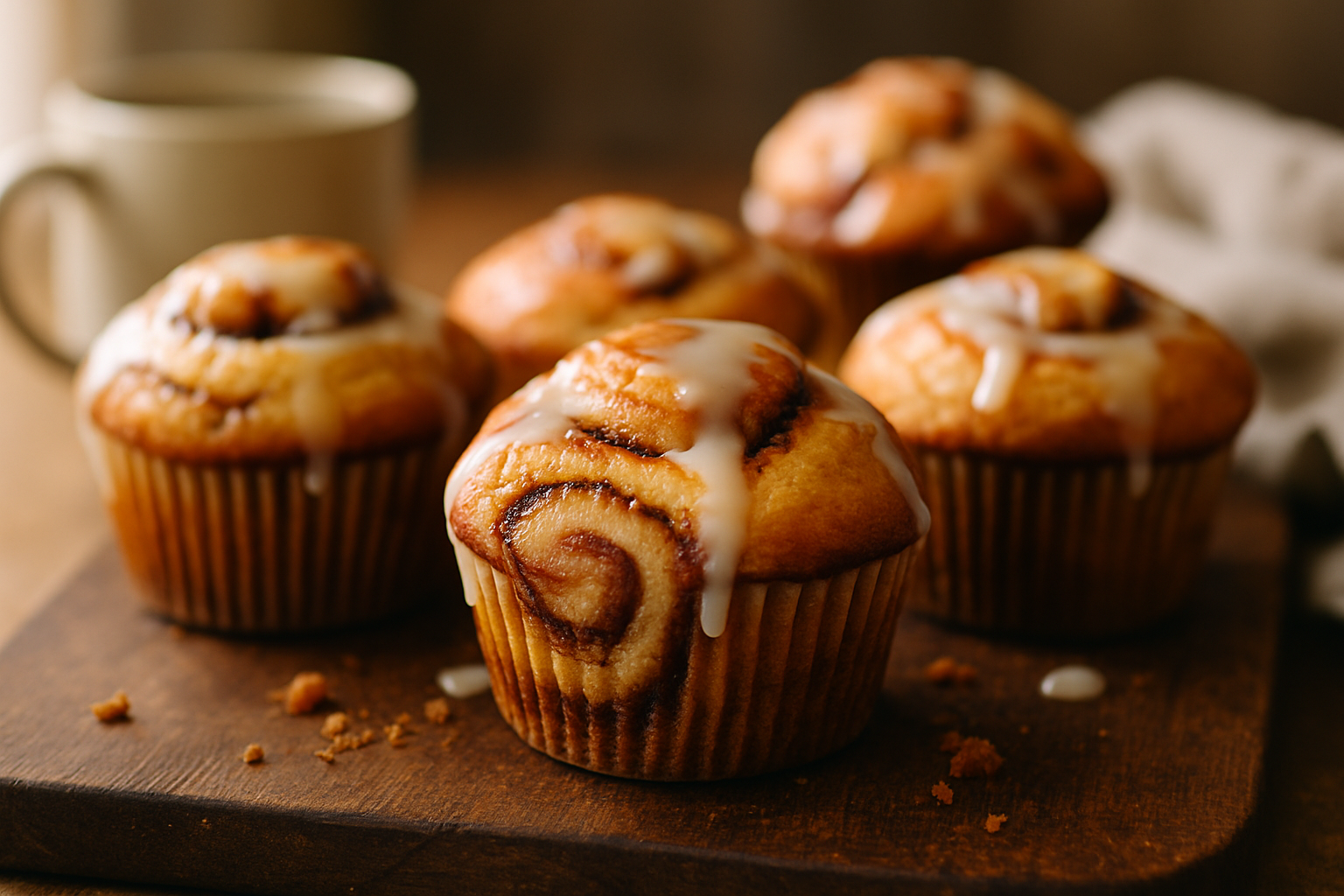 Freshly baked cinnamon roll muffins with vanilla glaze drizzle showing visible cinnamon swirl pattern