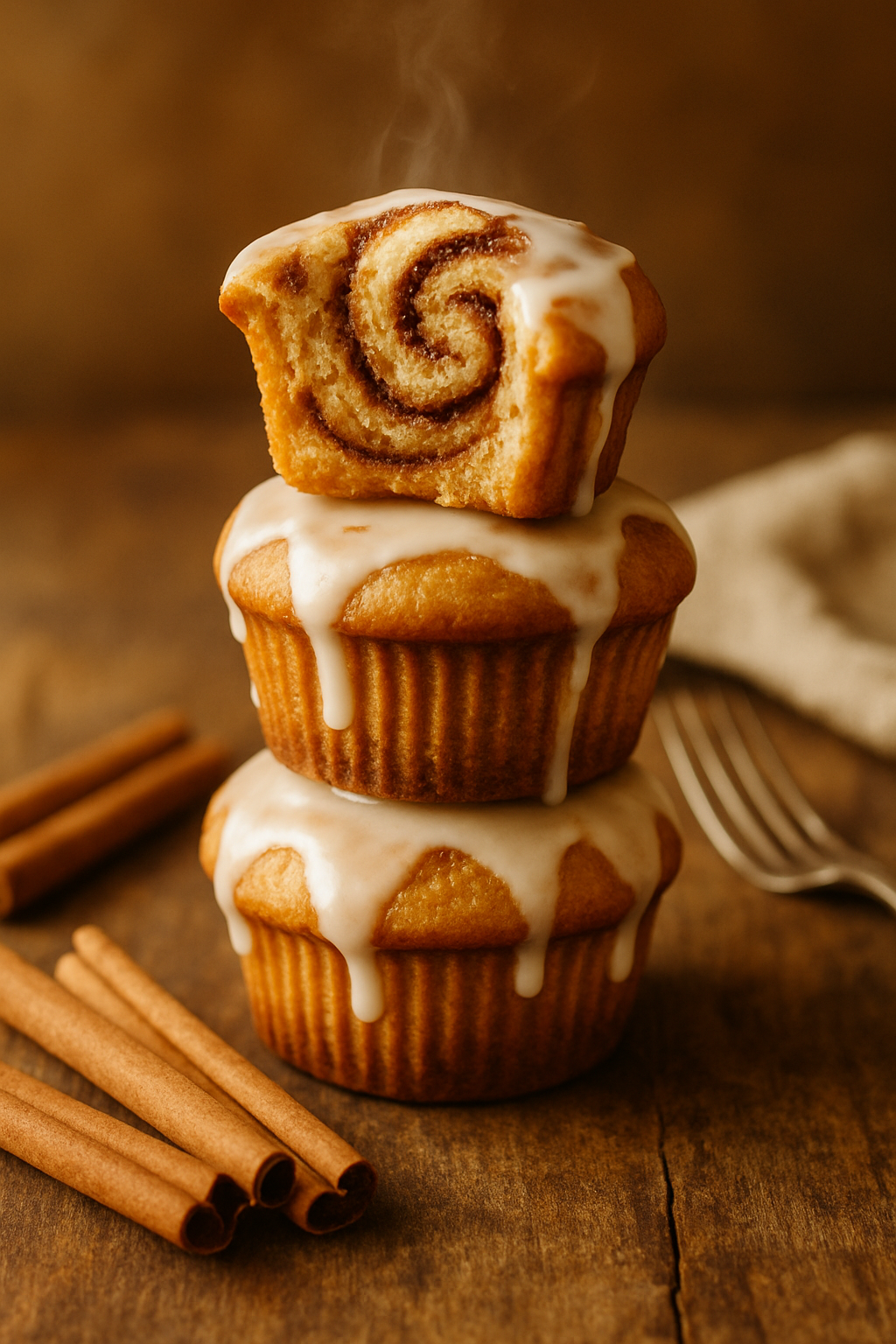 Vertical stack of cinnamon roll muffins with one broken open showing cinnamon swirl interior and vanilla glaze