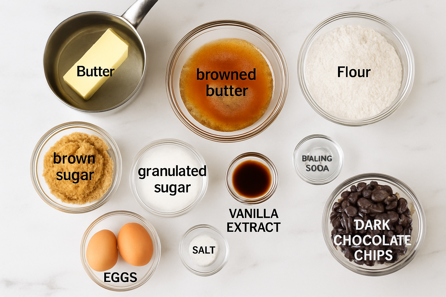 Overhead view of brown butter chocolate chip cookie ingredients arranged in bowls on marble surface