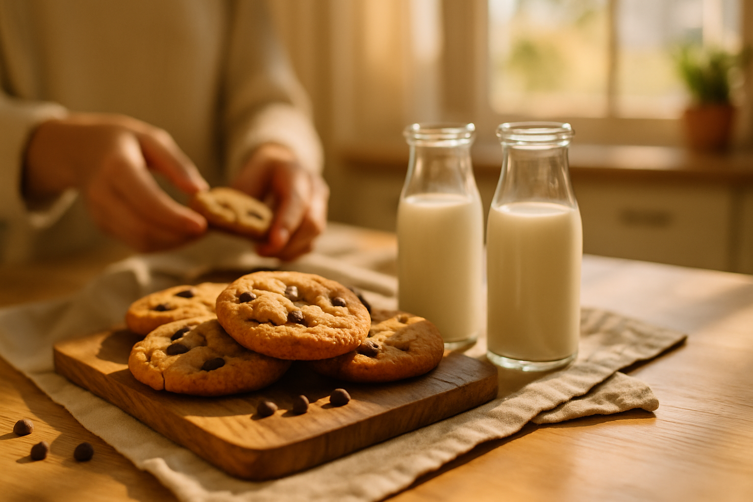 Brown butter chocolate chip cookies served on wooden board with glasses of milk in cozy kitchen setting