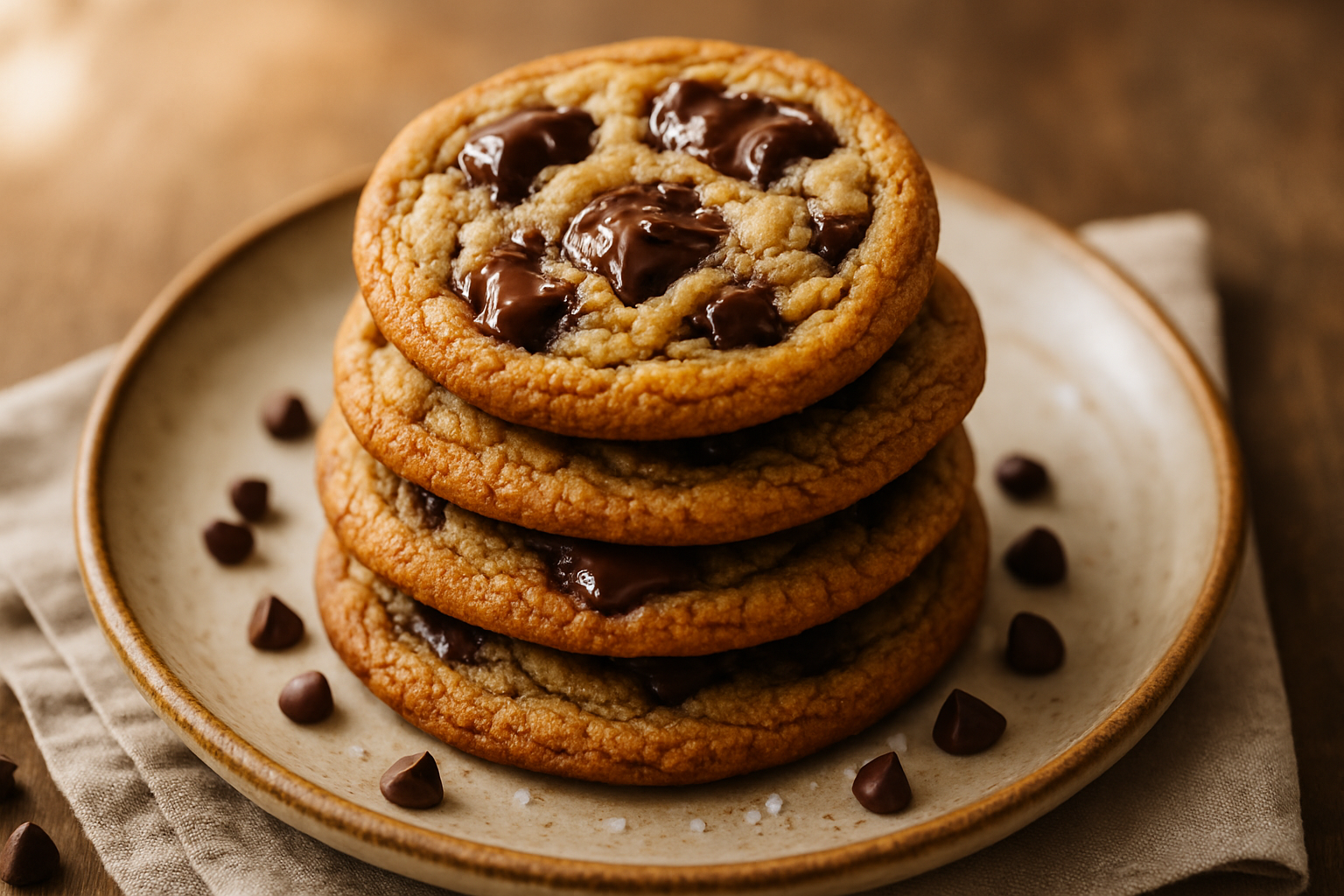 Stack of golden-brown butter chocolate chip cookies with crispy edges, melted chocolate, and sea salt on a ceramic plate