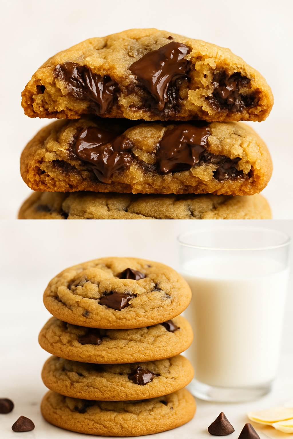 Brown butter chocolate chip cookies broken in half showing melted chocolate interior, stacked with milk