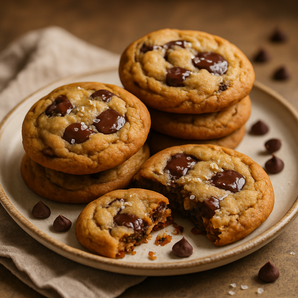 Freshly baked brown butter chocolate chip cookies on ceramic plate showing golden edges and melted chocolate