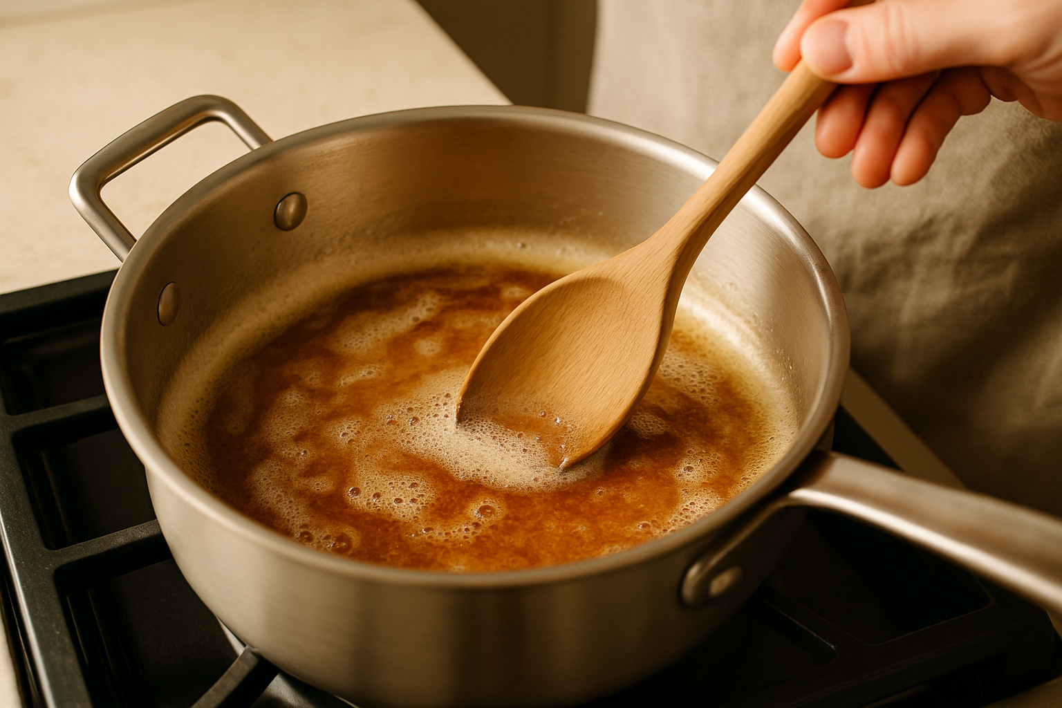 Butter browning in a light-colored saucepan showing amber color and toasted milk solids
