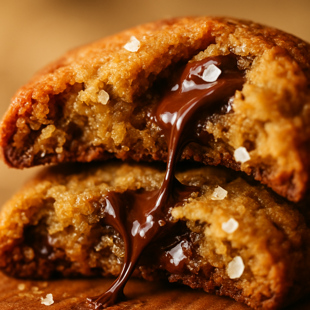 Extreme close-up of brown butter chocolate chip cookie broken in half showing chewy interior and melted chocolate