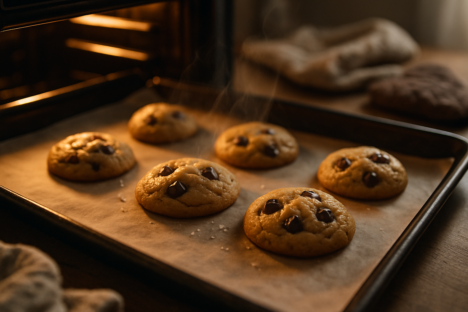 Chocolate chip cookies baking in oven with golden edges forming and chocolate beginning to melt