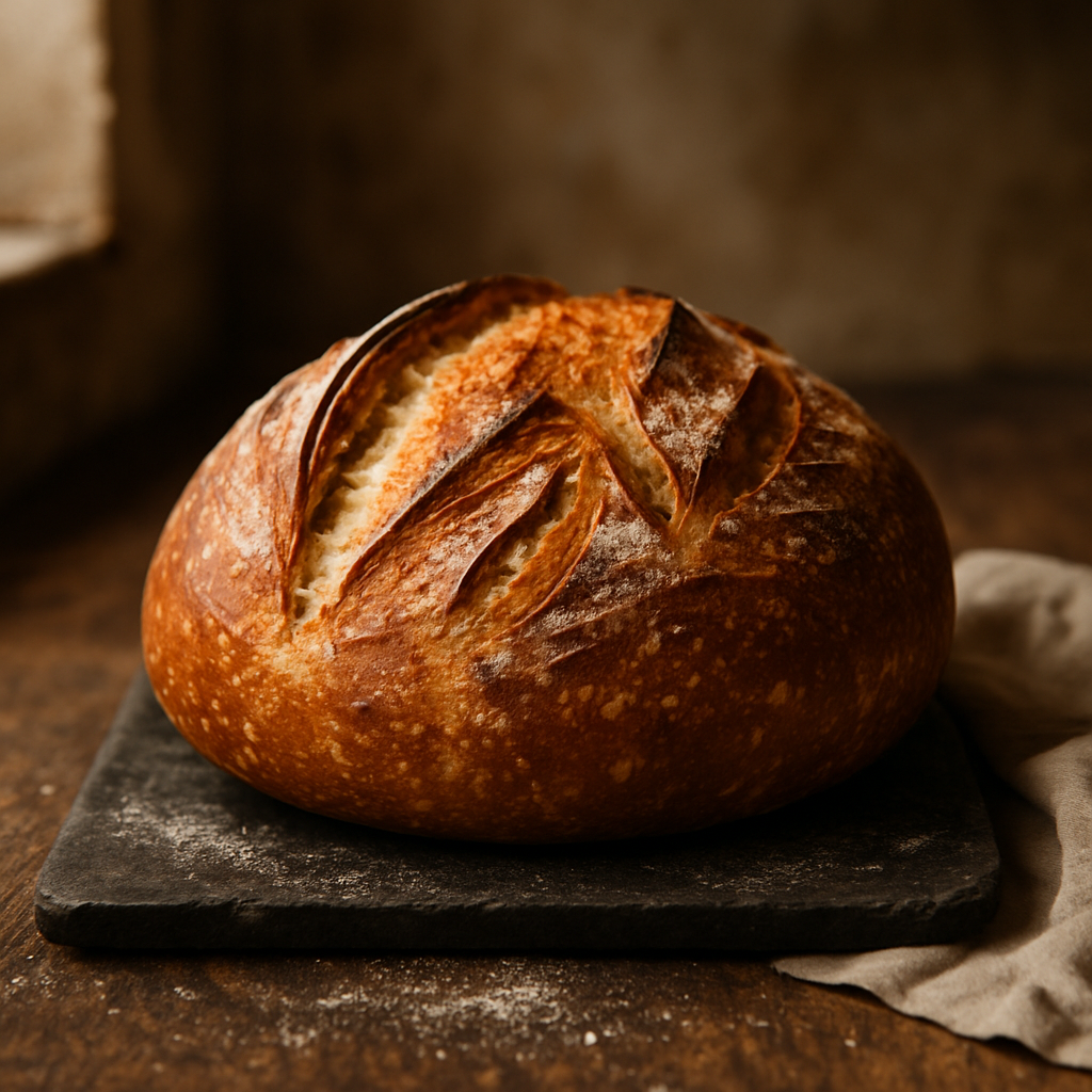 Whole golden crusty Easy No-Knead Artisan Bread loaf with beautiful scoring pattern on dark wooden board
