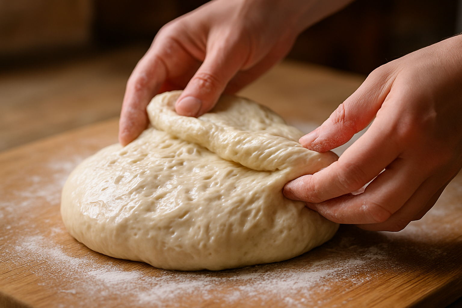 Hands gently folding sticky wet no-knead artisan bread dough on floured wooden surface showing bubbly texture