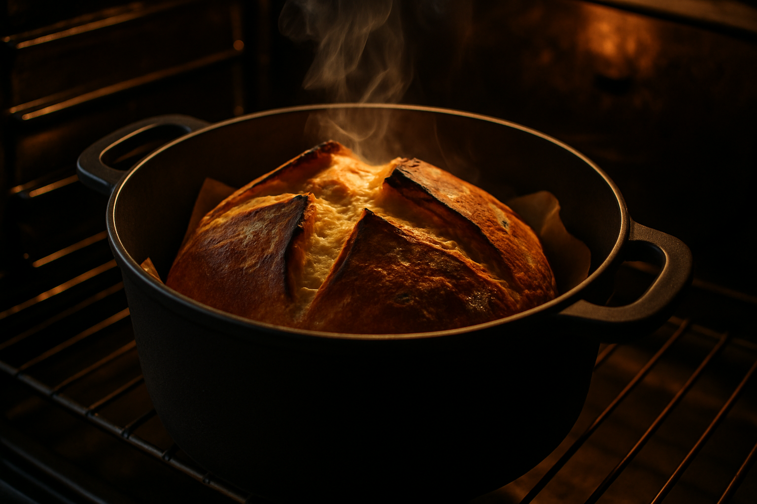 Golden no-knead artisan bread baking in Dutch oven showing oven spring and developing crust