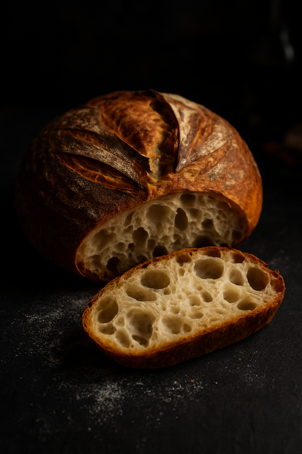 Vertical composition of Easy No-Knead Artisan Bread showing crusty exterior and airy crumb interior