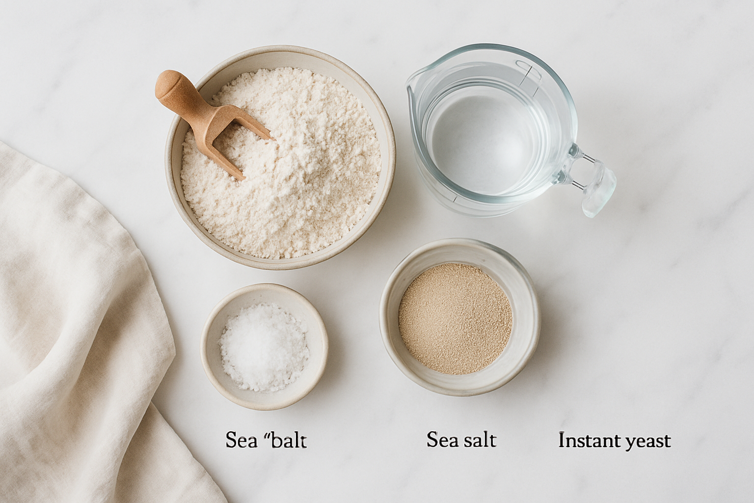 Overhead view of four simple ingredients for Easy No-Knead Artisan Bread: flour, water, salt, and yeast on marble surface
