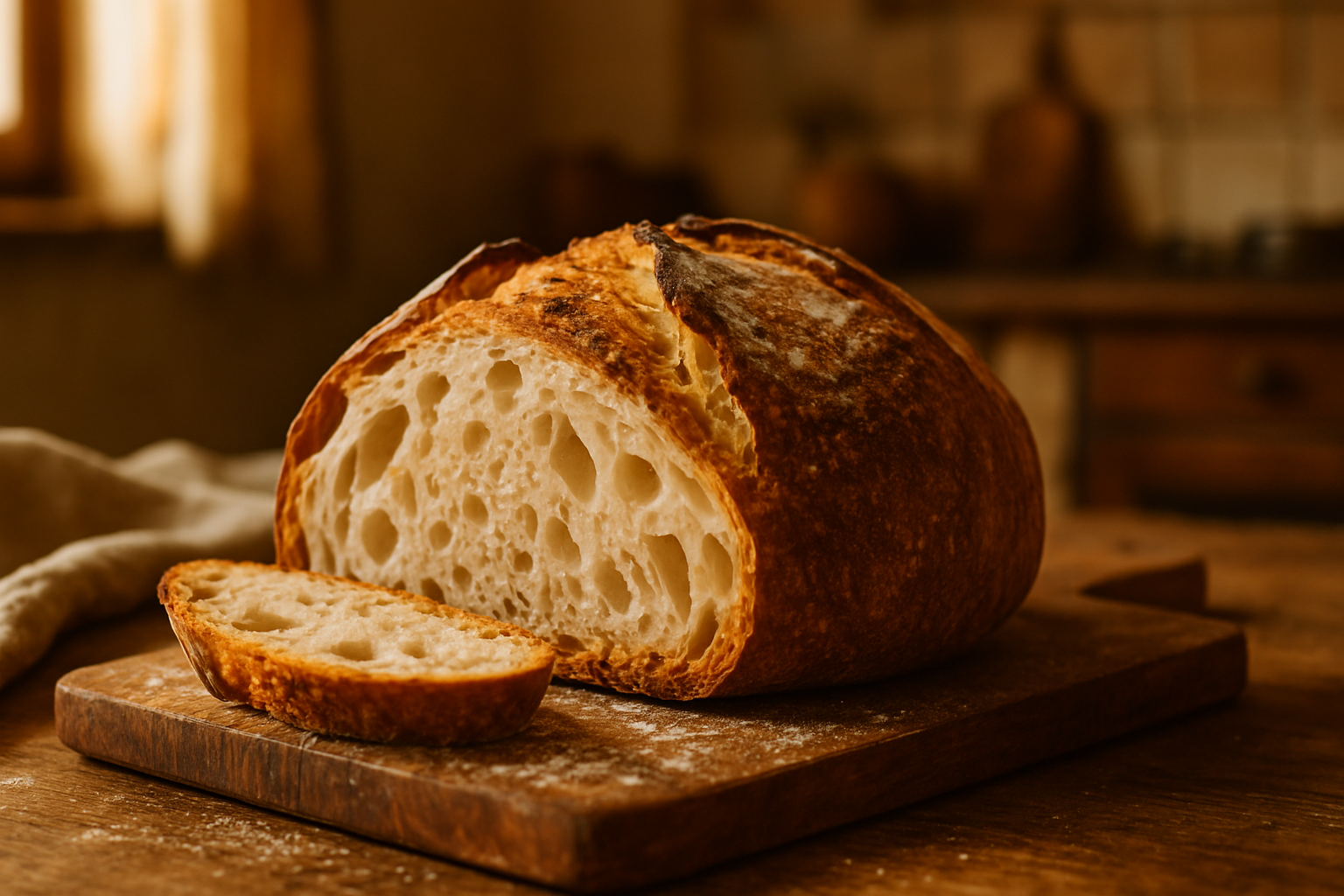 Golden crusty Easy No-Knead Artisan Bread loaf with one slice showing airy crumb on rustic wooden board