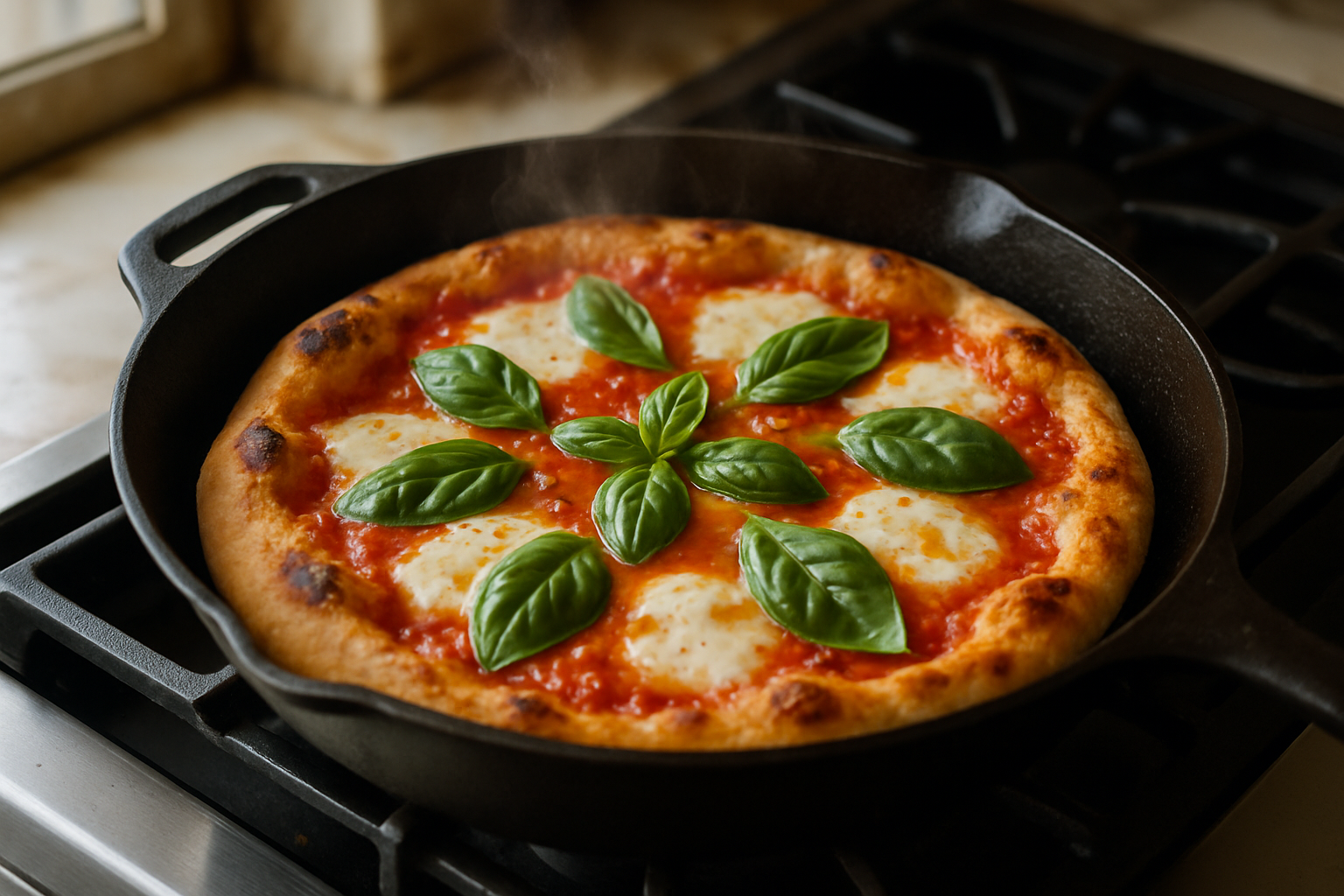 Margherita pizza in a cast iron pan on stovetop with melted mozzarella, fresh basil, and golden crispy crust