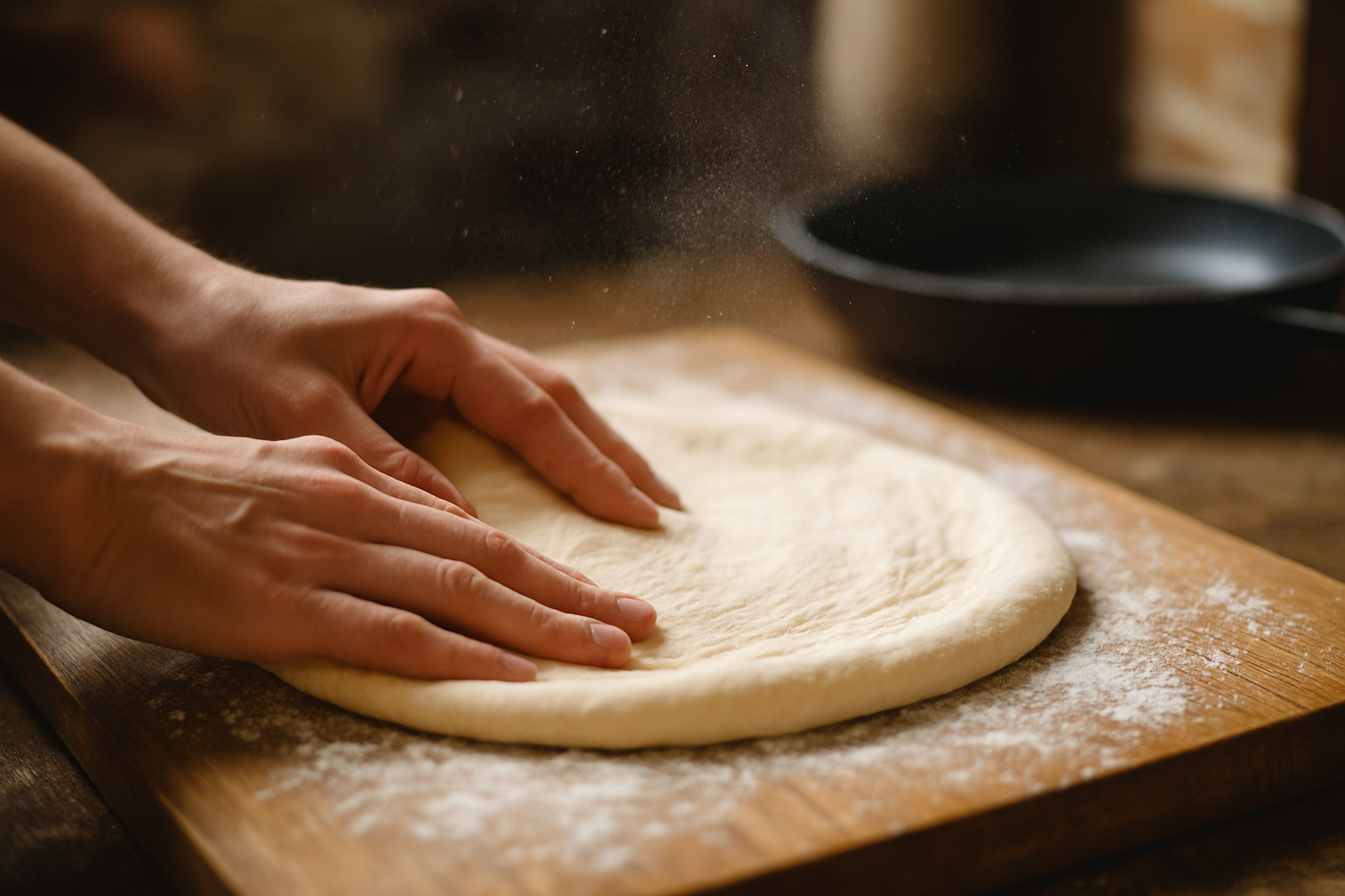 Hands stretching fresh pizza dough on floured surface for stovetop pan pizza preparation