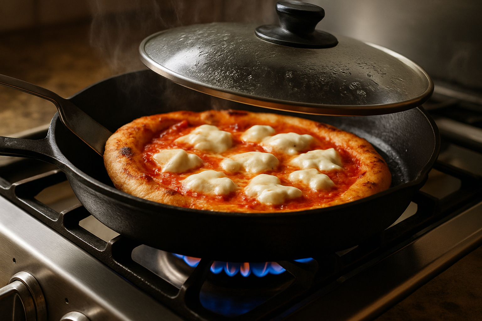 Margherita pizza cooking in cast iron skillet on gas stovetop with lid and visible flames