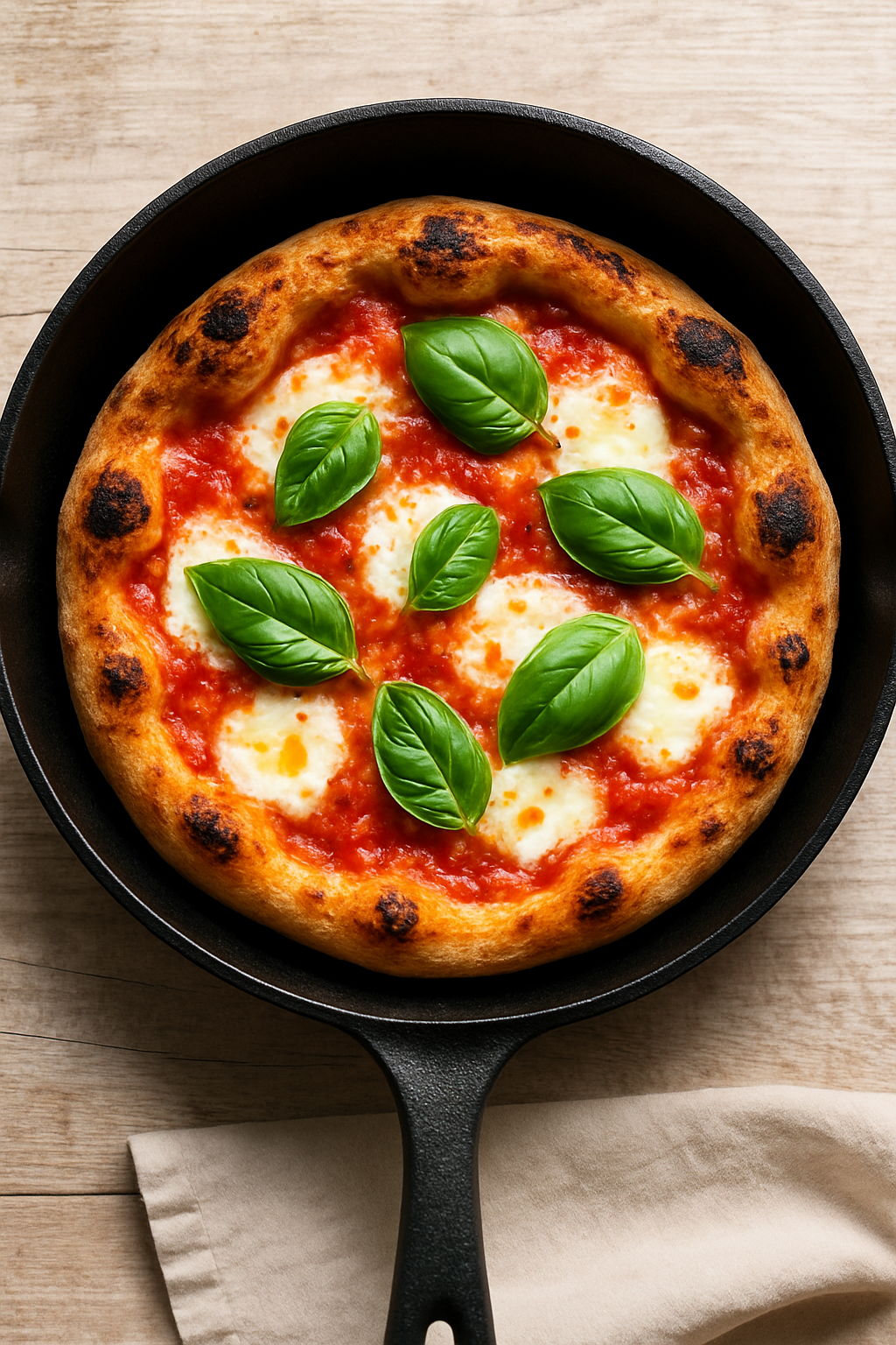 Stovetop Margherita pizza in cast iron pan with fresh mozzarella and basil, overhead view