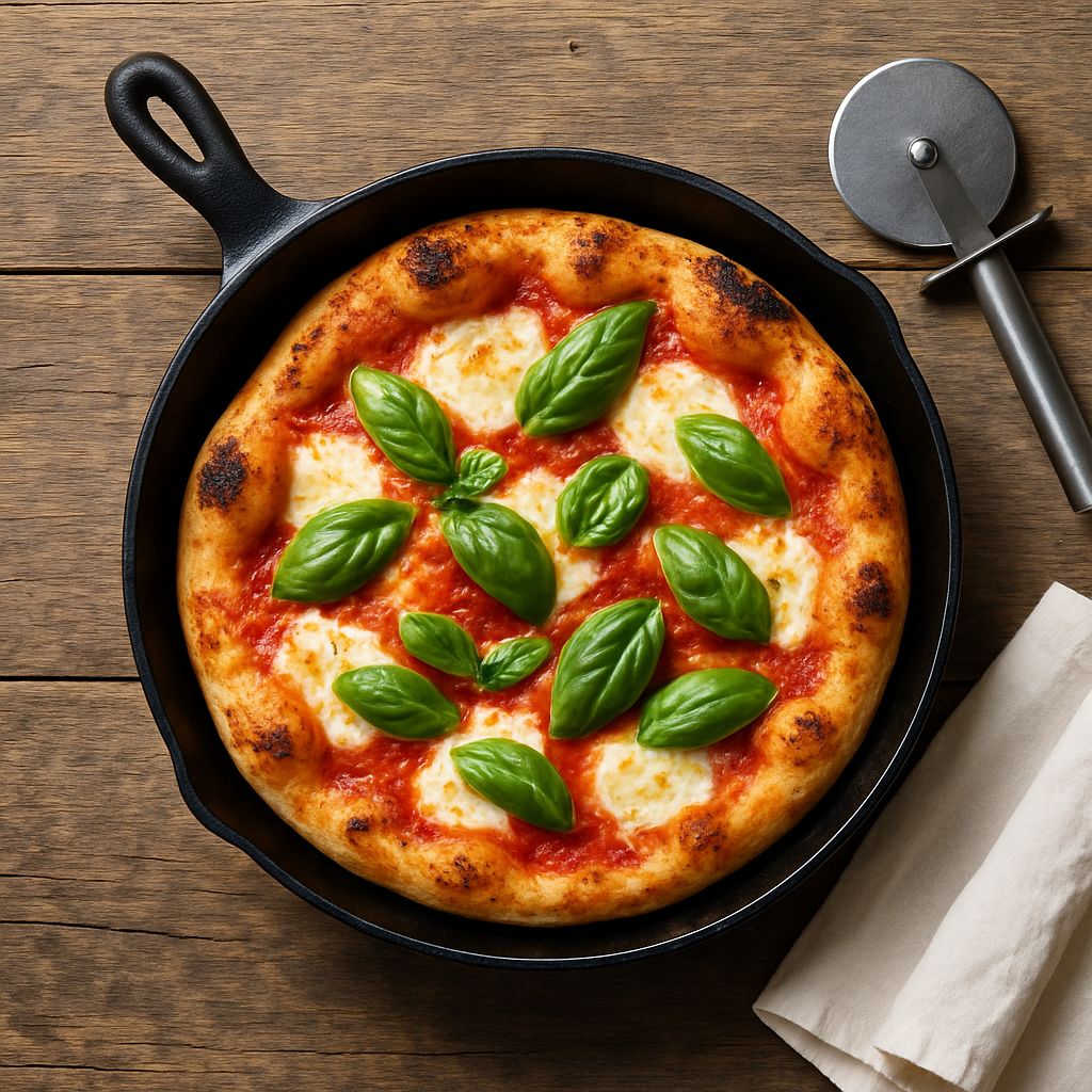 Finished Margherita pizza in cast iron pan with melted mozzarella, tomato sauce, and fresh basil