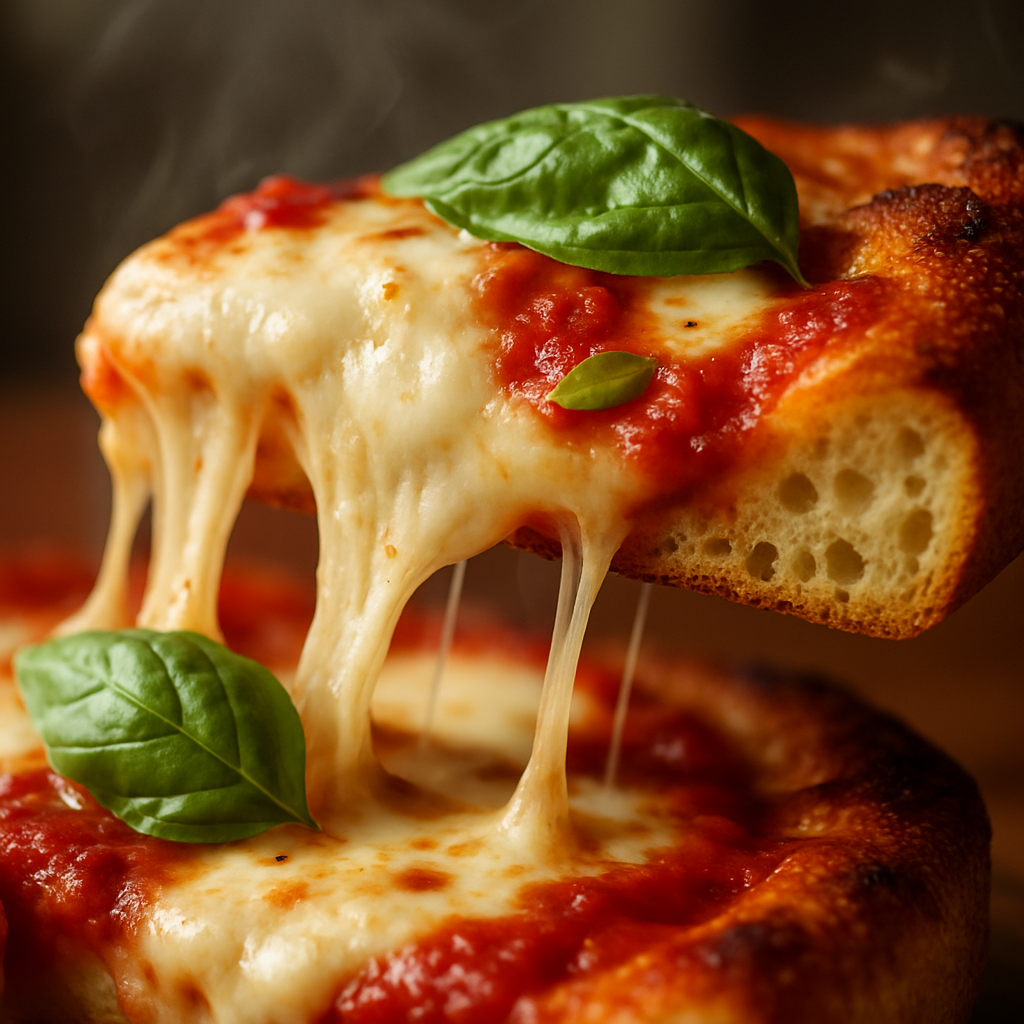 Close-up of Margherita pan pizza slice with stretching mozzarella cheese and crispy golden crust