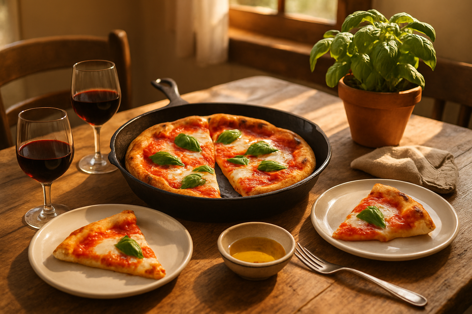Margherita pan pizza served on rustic table with wine glasses and Italian dining setting