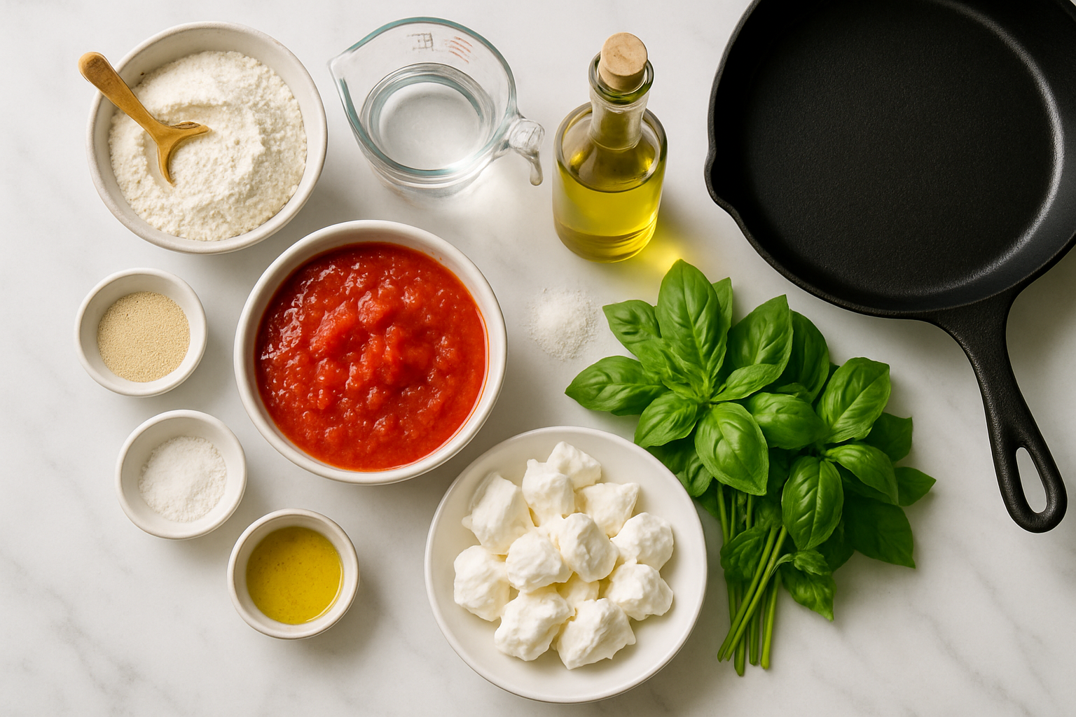 Ingredients for Margherita pizza in a pan including flour, yeast, mozzarella, tomatoes, and fresh basil