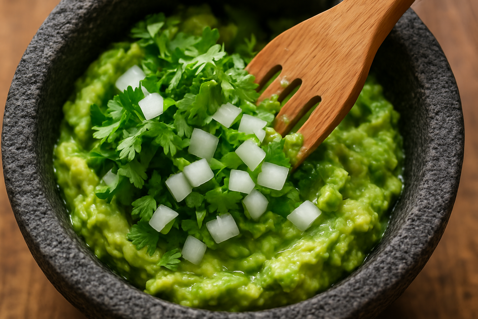 Folding fresh cilantro and diced onion into chunky mashed avocado during guacamole preparation