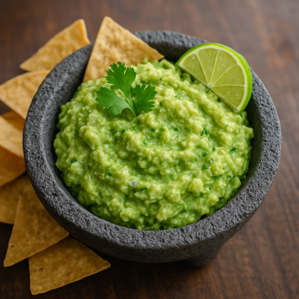 Finished authentic Mexican guacamole with chunky texture in molcajete, garnished with cilantro and lime