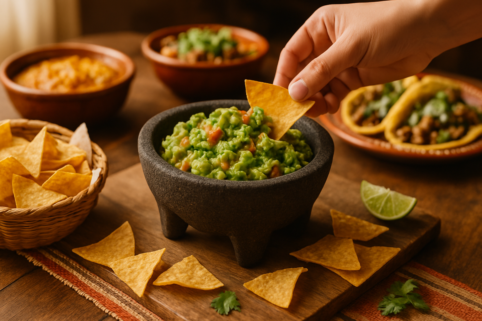 Authentic Mexican guacamole served in molcajete with warm tortilla chips on rustic wooden table