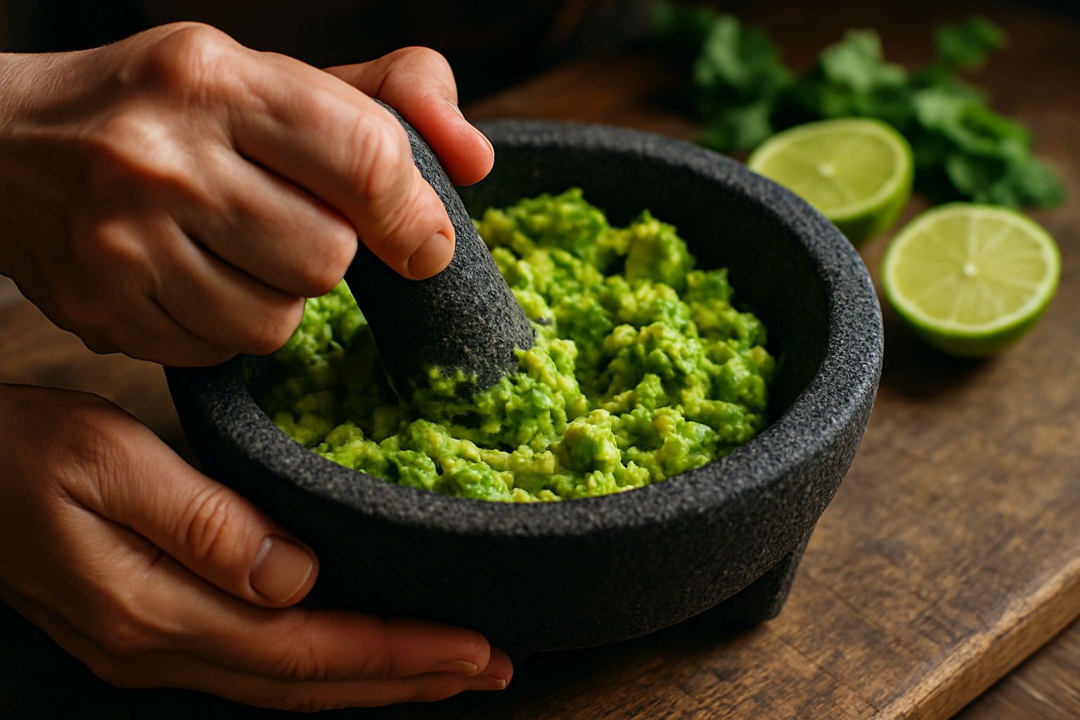 Hands mashing ripe avocados in traditional volcanic stone molcajete to create chunky authentic guacamole texture