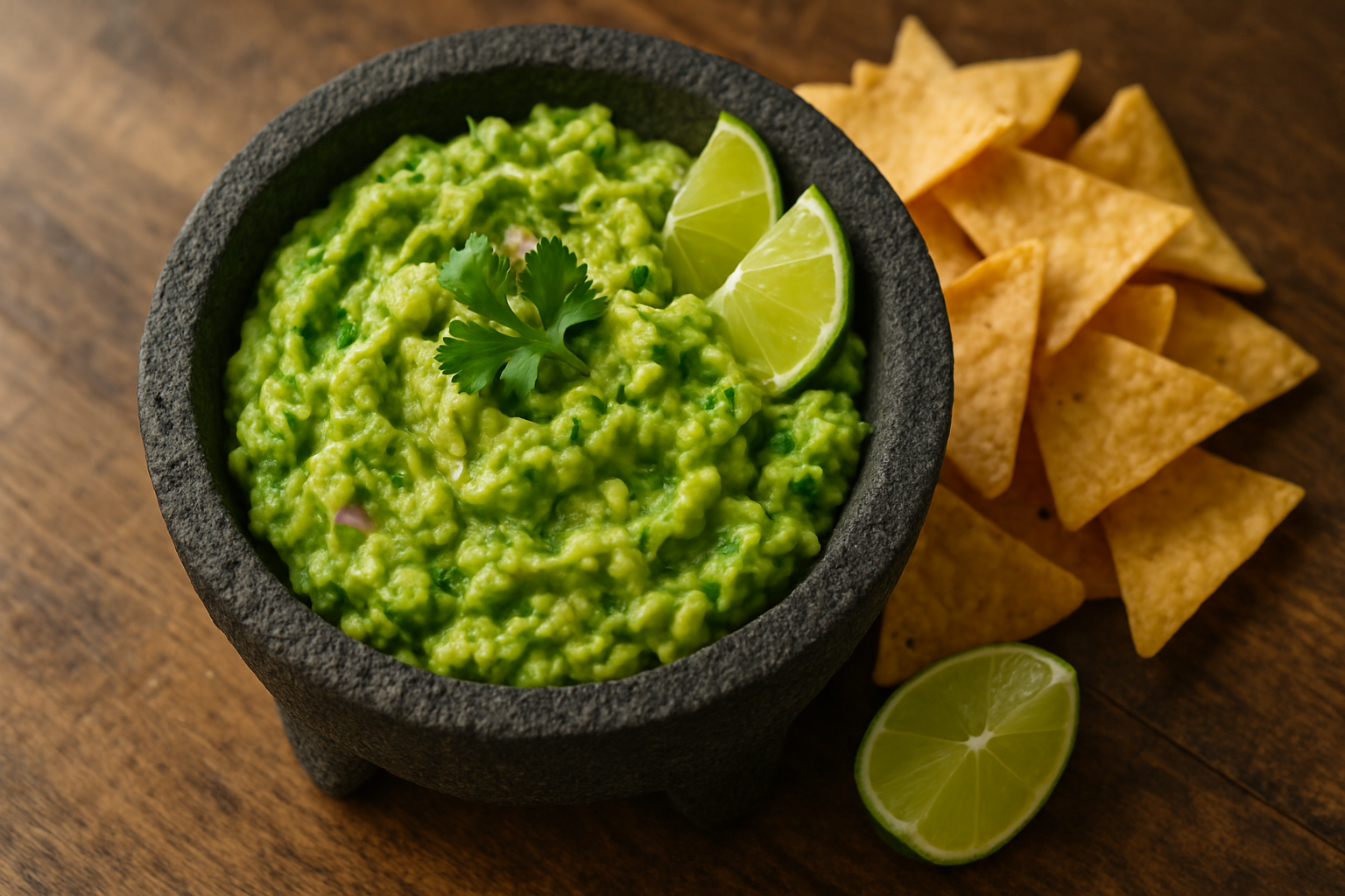 Authentic Mexican guacamole in traditional molcajete with chunky texture, fresh cilantro, and lime wedges on rustic wooden table