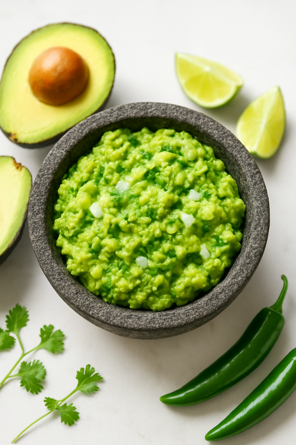 Vertical composition of authentic Mexican guacamole recipe with fresh avocados, lime, and cilantro on light surface