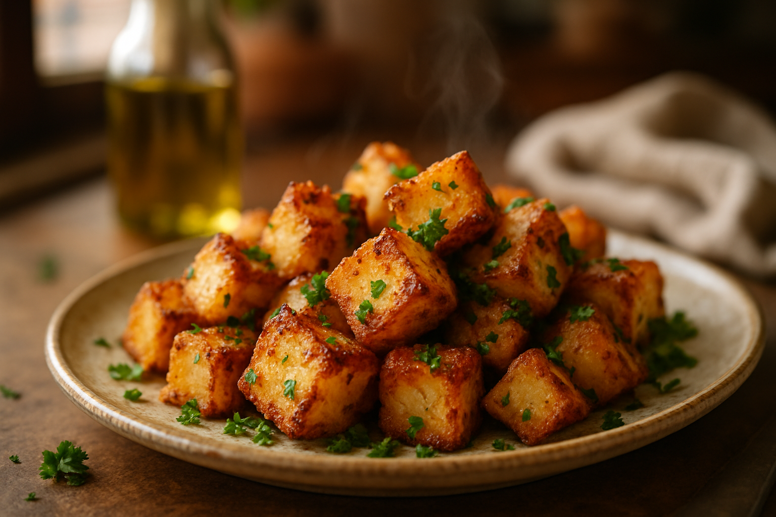 Crispy garlic parmesan potatoes with golden-brown crust and fresh parsley on rustic ceramic platter