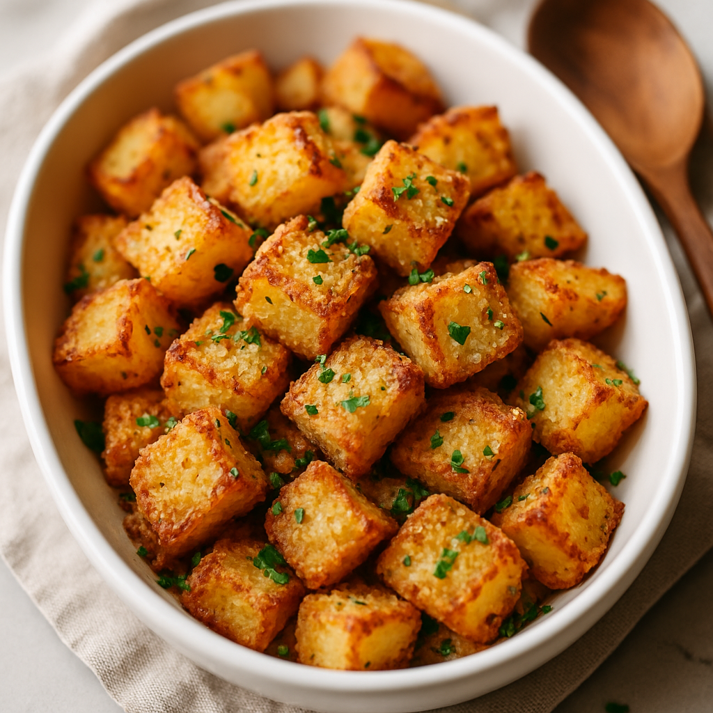 Finished crispy garlic parmesan potatoes with golden-brown crust and fresh parsley garnish on white ceramic dish
