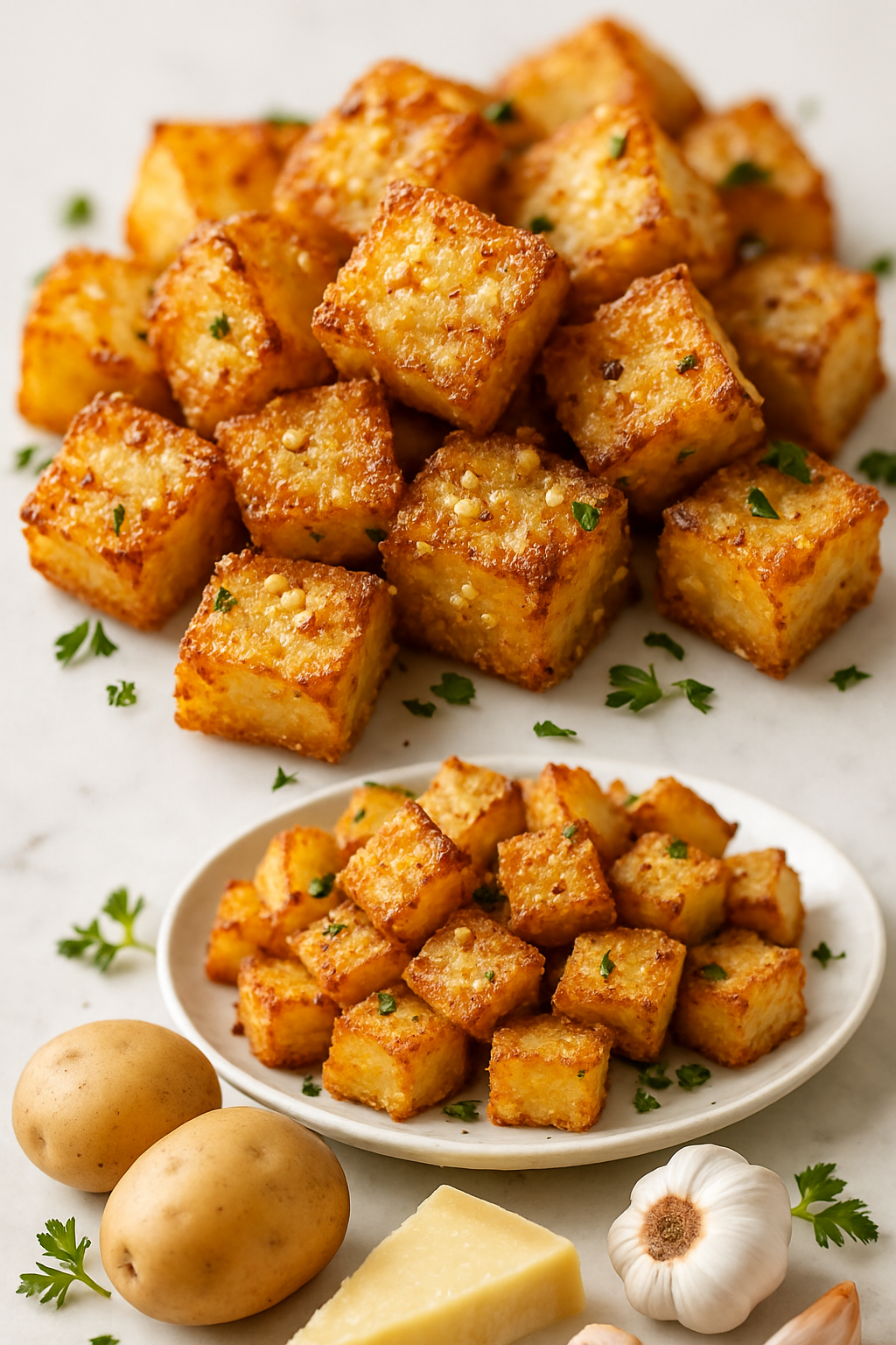 Vertical composition of crispy garlic parmesan potatoes with fresh ingredients for Pinterest