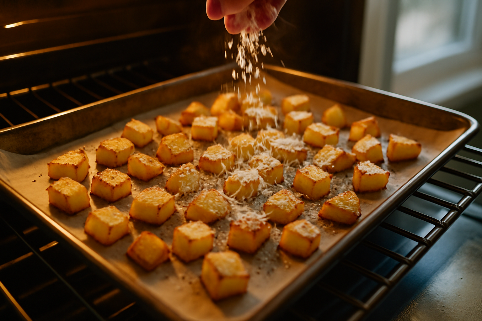 Golden-brown potato cubes roasting on baking sheet with parmesan cheese being added in final minutes