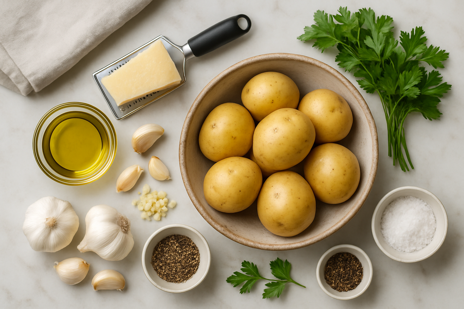 Overhead view of fresh ingredients for crispy garlic parmesan potatoes including Yukon Gold potatoes, parmesan cheese, garlic, and herbs