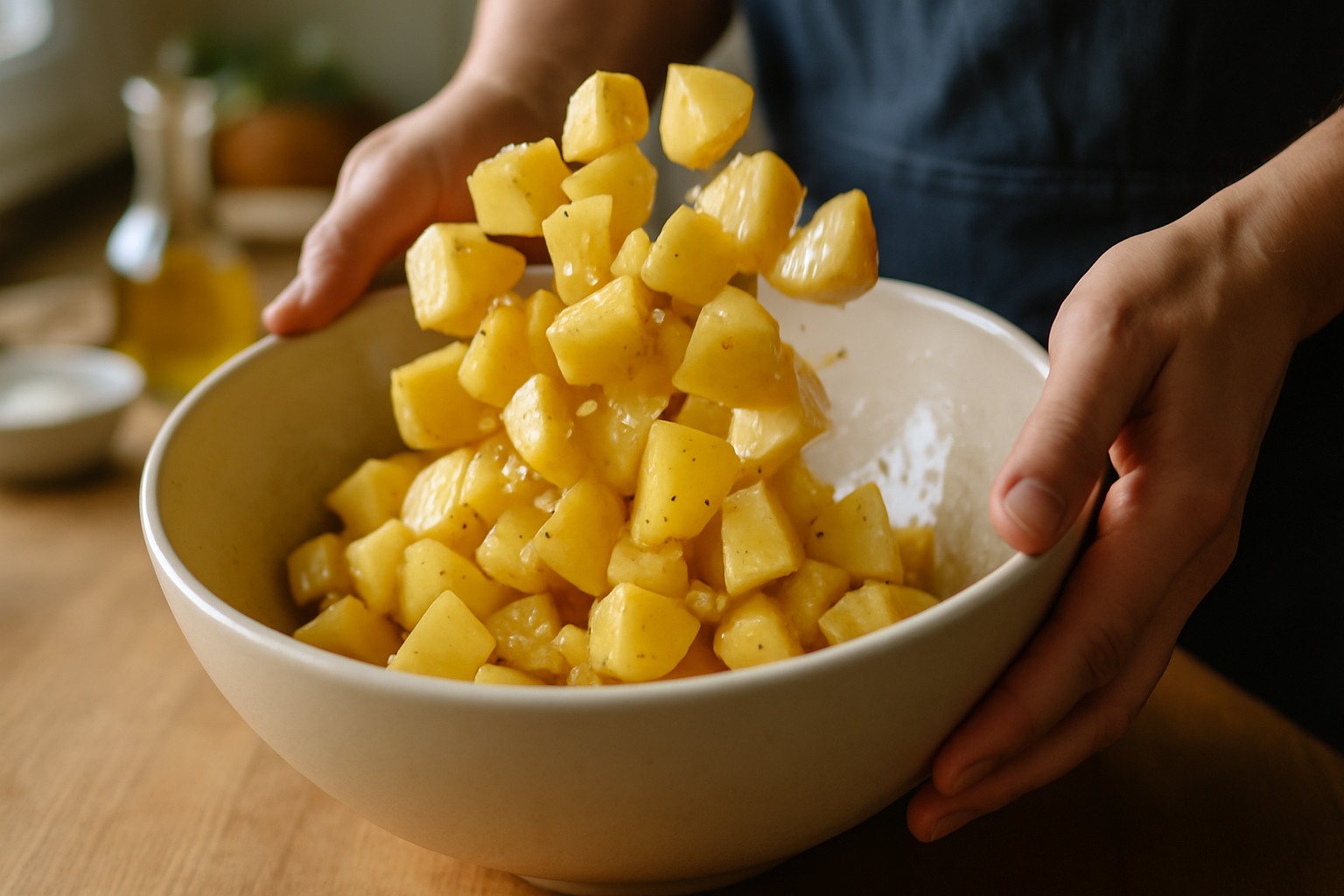 Hands tossing cubed potatoes with olive oil, garlic, and seasonings in ceramic bowl during preparation