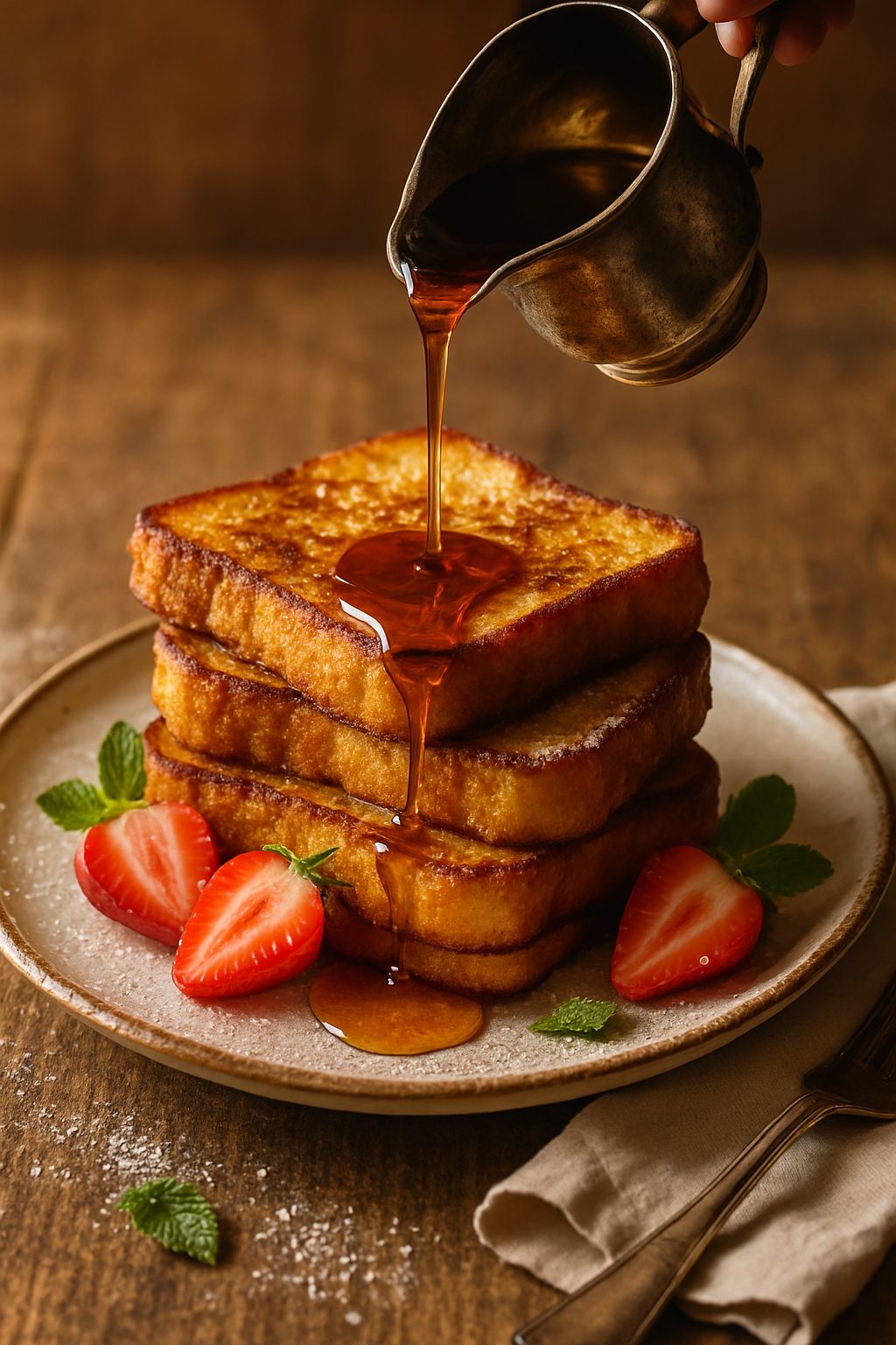 Vertical shot of Classic French Toast stack with maple syrup being poured over golden-brown slices and fresh berries