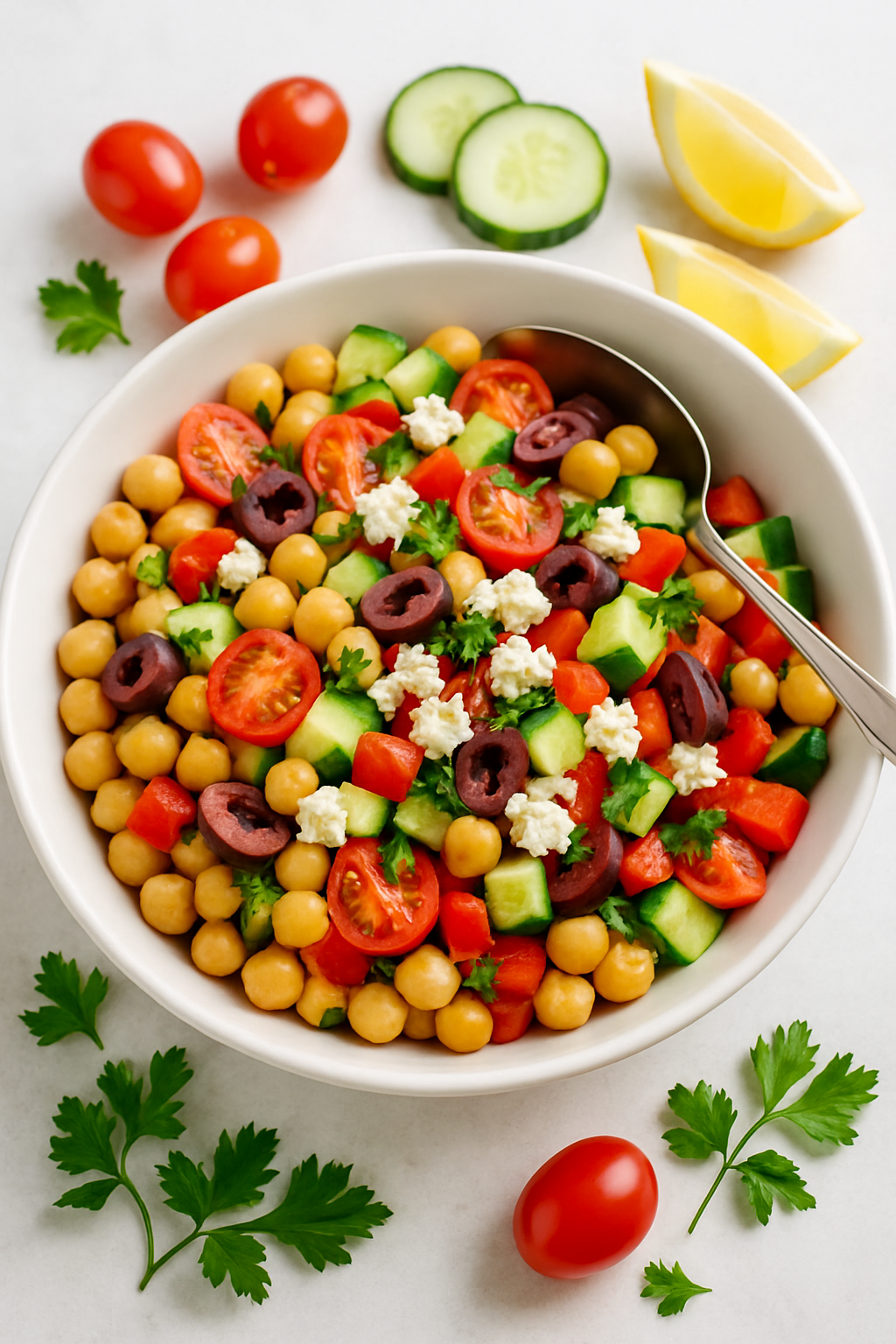 Healthy Mediterranean chickpea salad recipe with fresh vegetables, feta cheese, and olives in white bowl on marble surface