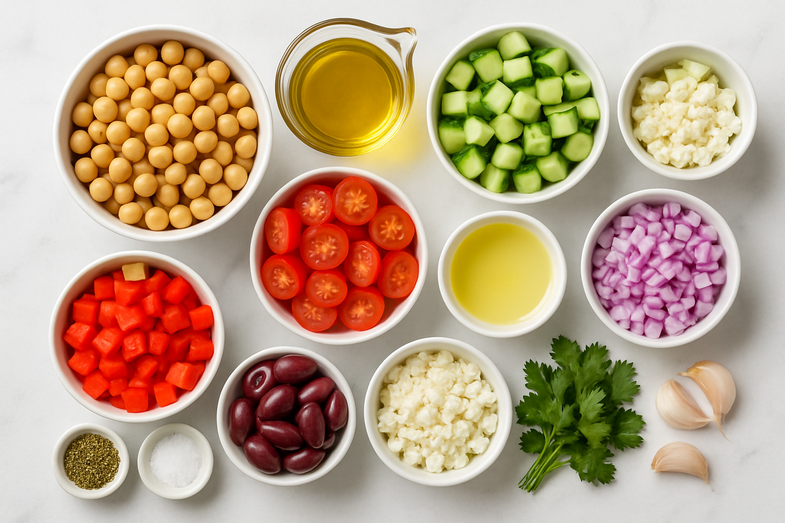 Overhead view of fresh Mediterranean chickpea salad ingredients including chickpeas, tomatoes, cucumbers, feta, olives, and herbs on marble surface