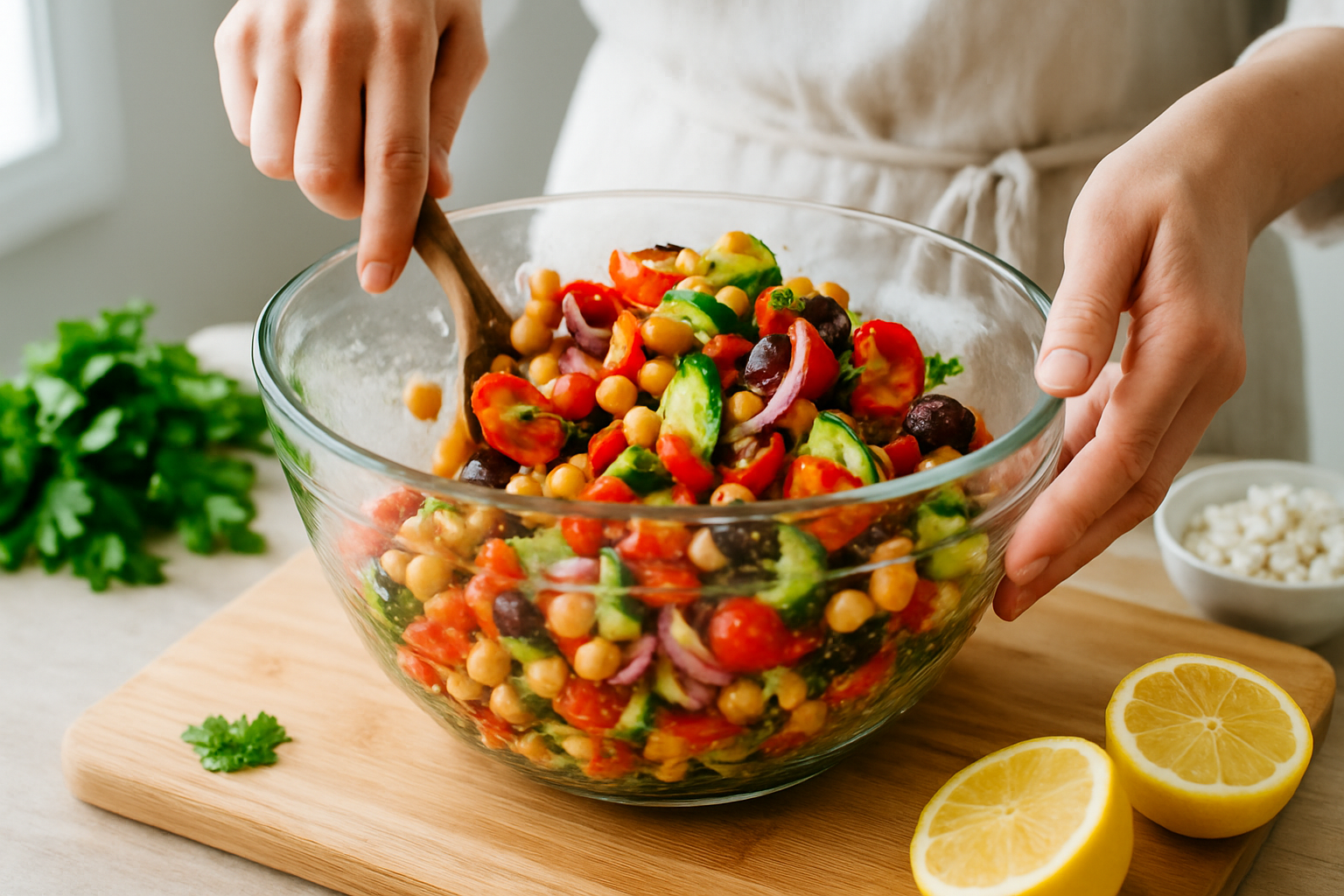 Hands mixing fresh Mediterranean chickpea salad ingredients with wooden spoon in glass bowl