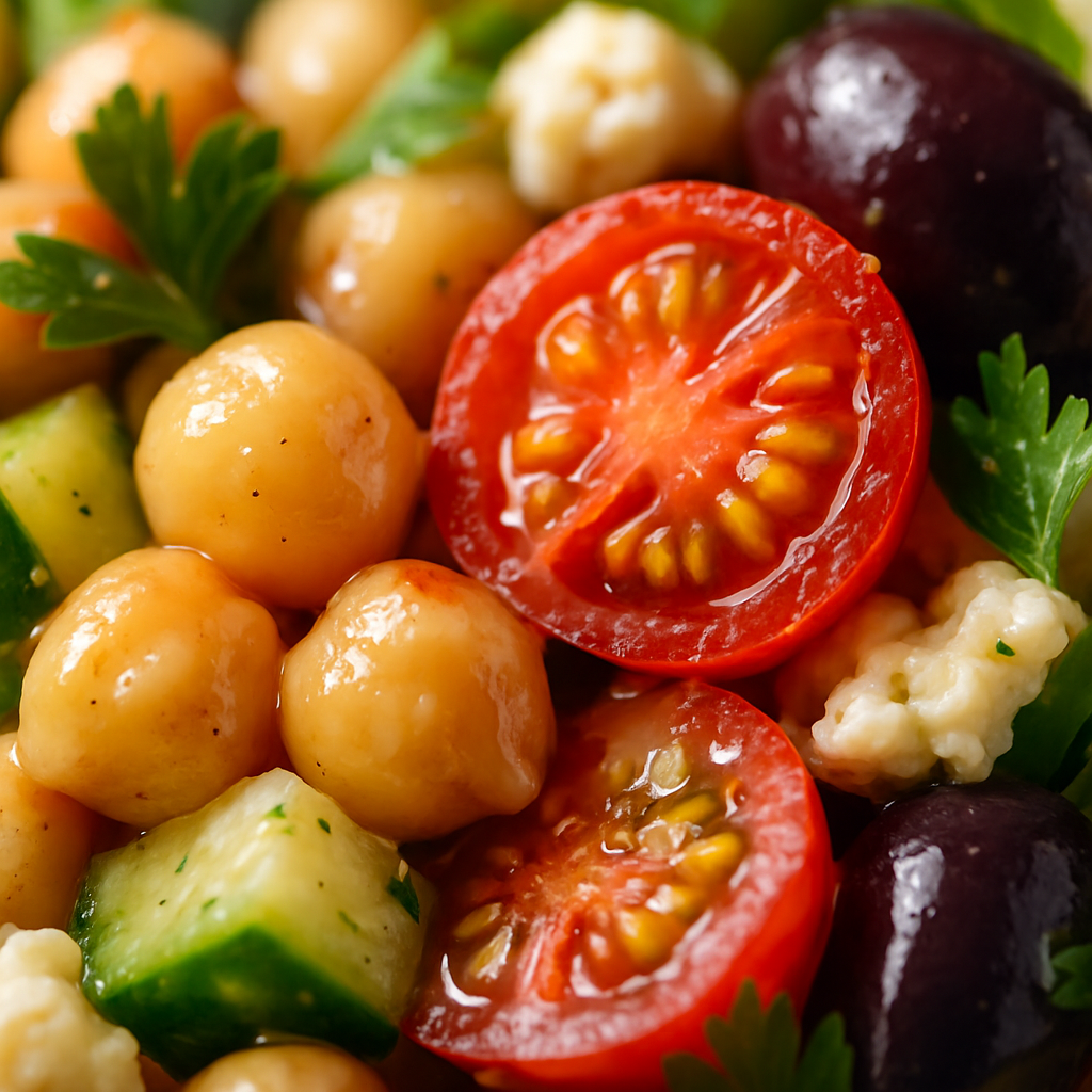 Close-up macro shot of Mediterranean chickpea salad showing fresh chickpeas, cherry tomatoes, feta cheese, and herbs with olive oil dressing