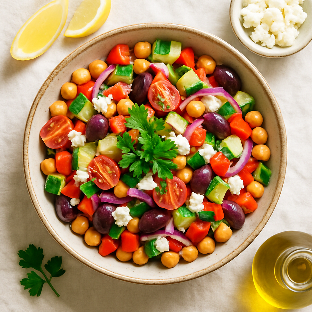 Overhead view of finished Mediterranean chickpea salad with colorful vegetables, feta cheese, and fresh herbs in ceramic bowl