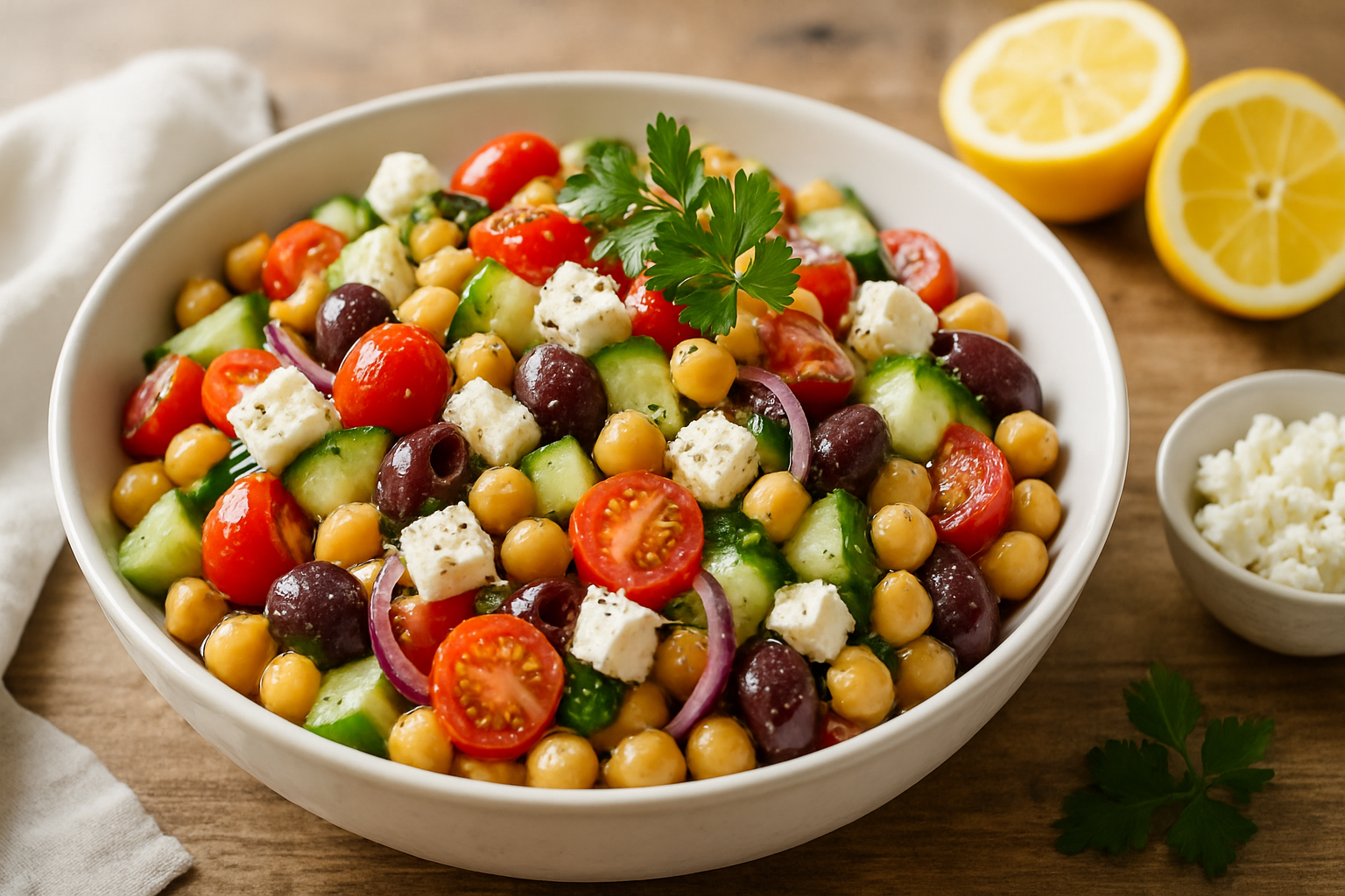 Vibrant Mediterranean chickpea salad in white bowl with cherry tomatoes, cucumbers, feta cheese, and Kalamata olives on rustic wooden table