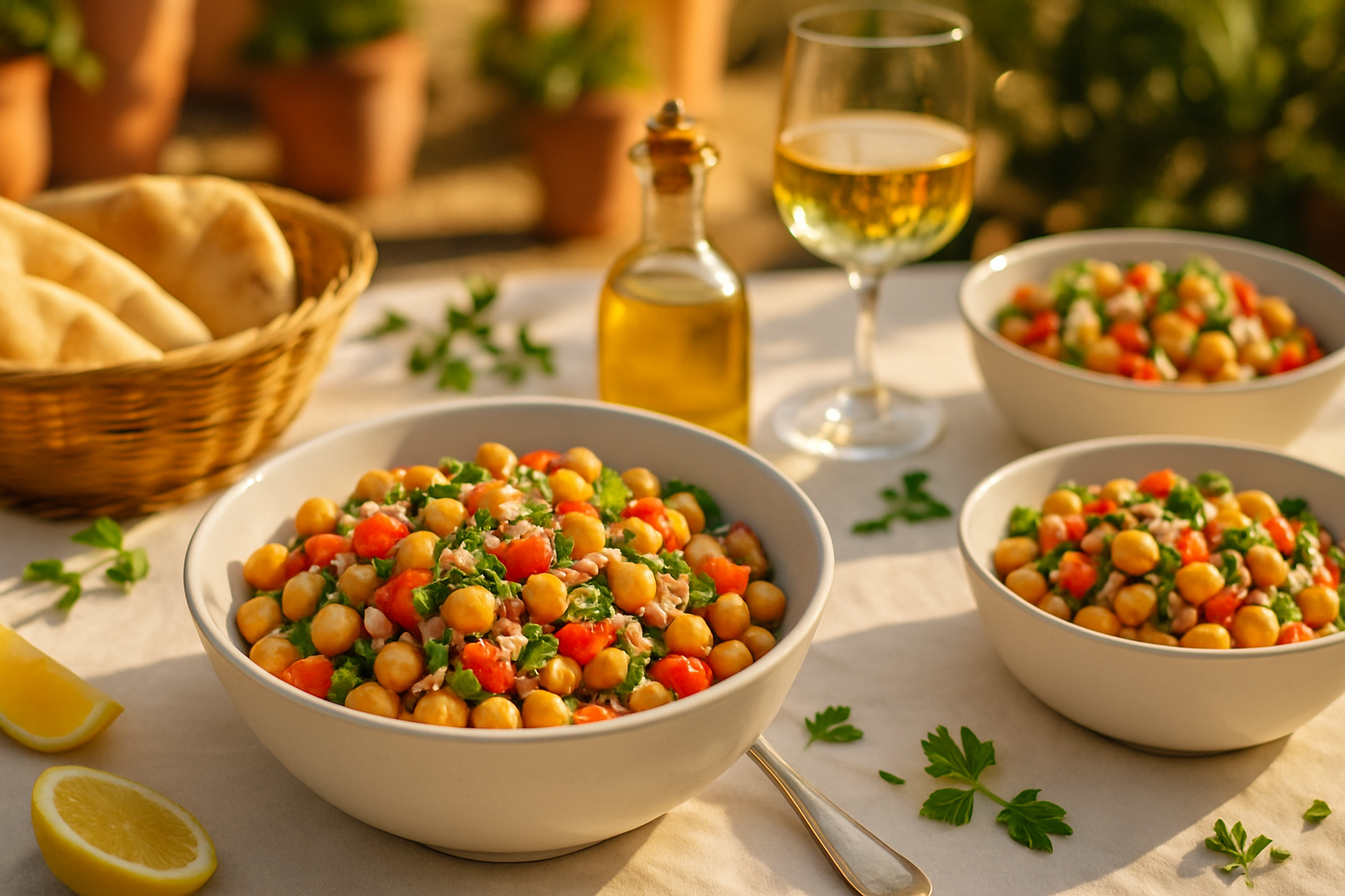 Mediterranean chickpea salad served in white bowls on outdoor table with pita bread, wine, and fresh herbs in natural sunlight