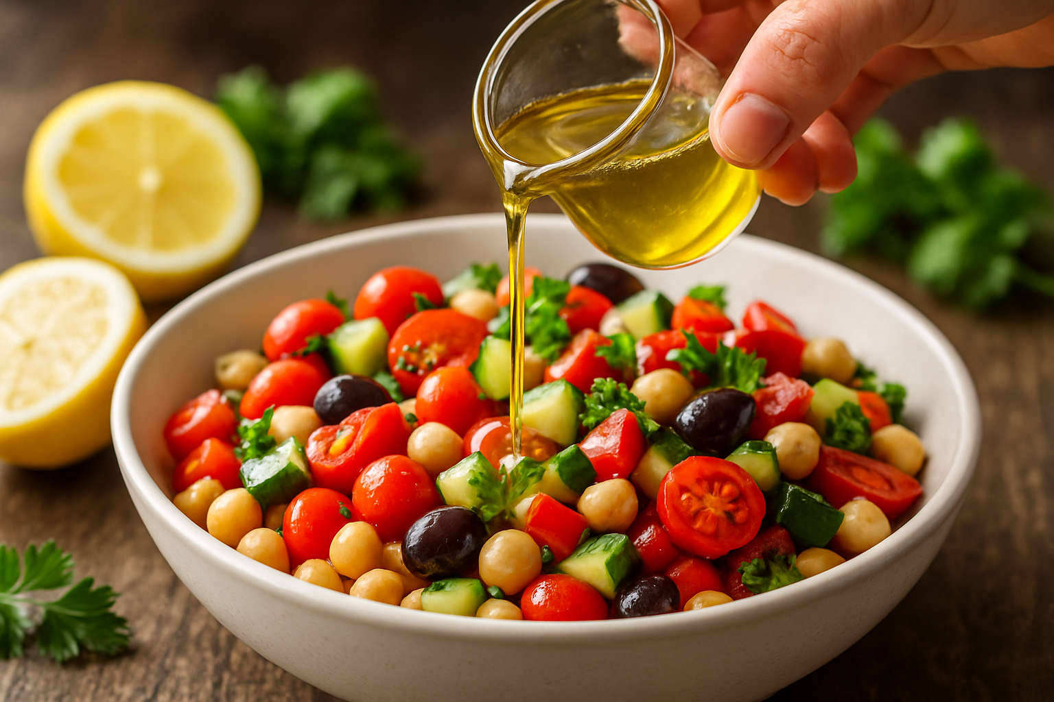 Olive oil and lemon dressing being poured over colorful Mediterranean chickpea salad in white bowl