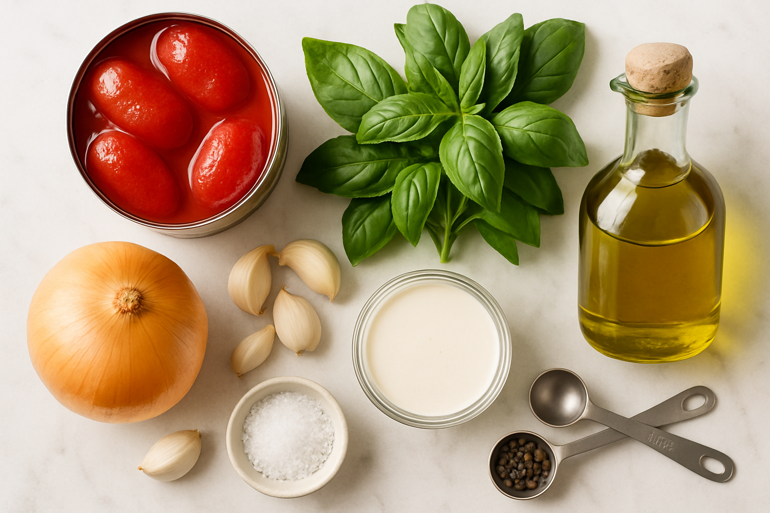 Overhead flatlay of fresh ingredients for Classic Tomato Basil Soup including tomatoes, basil, and aromatics