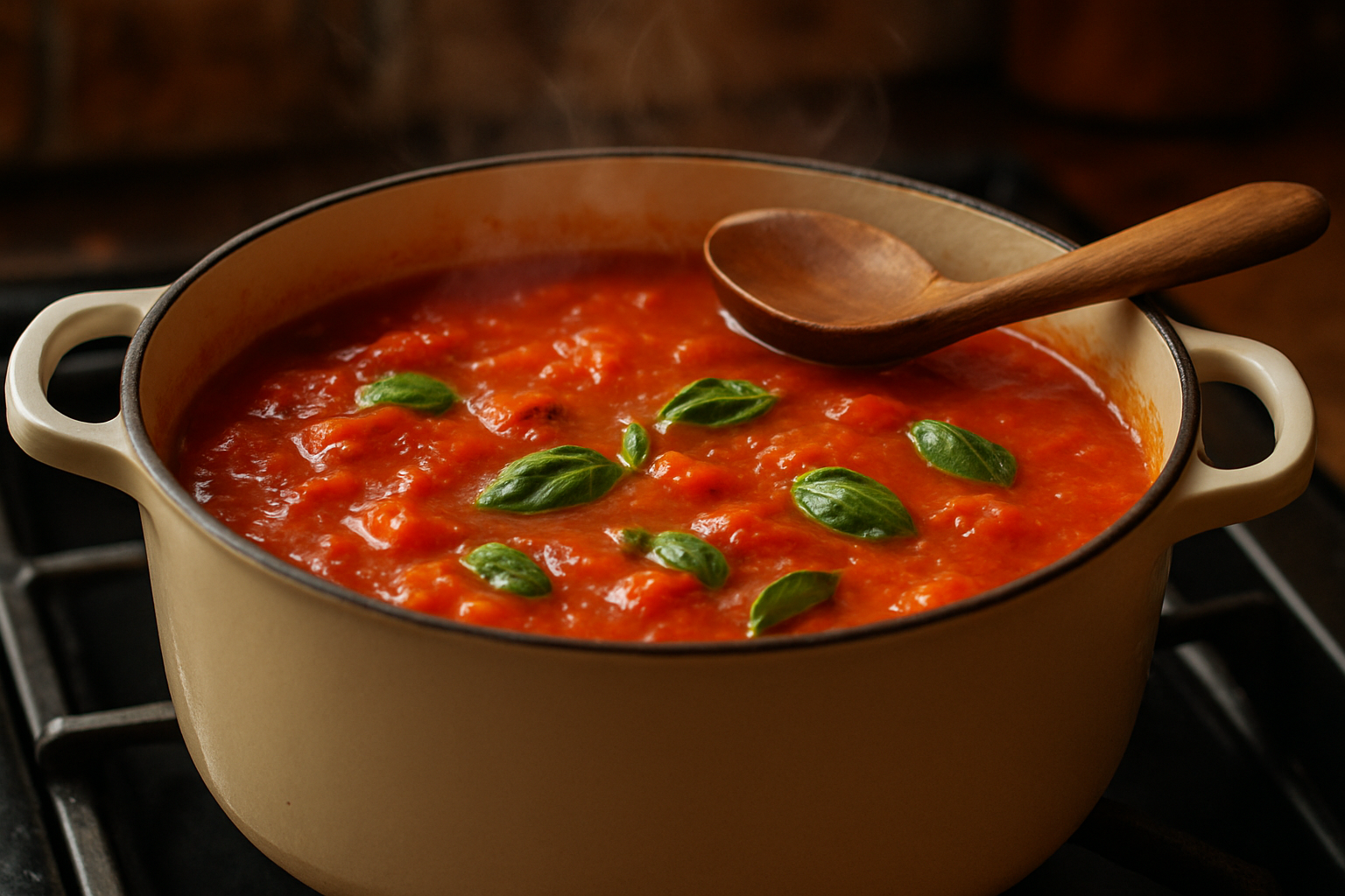 Tomato basil soup simmering in a Dutch oven with fresh basil leaves visible