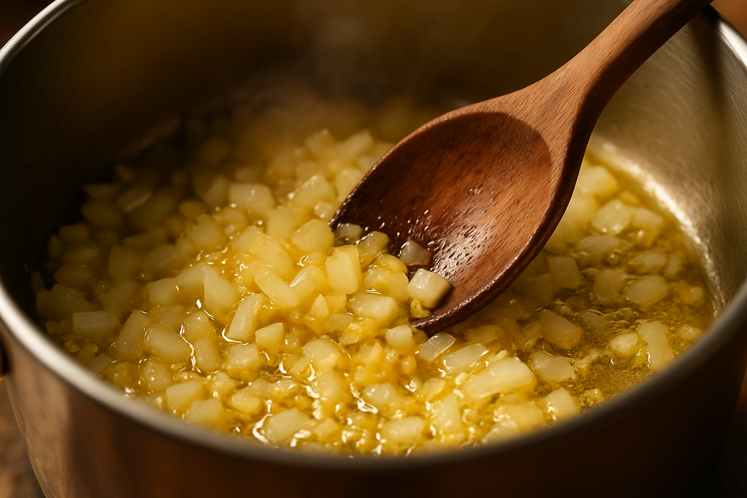 Diced onions and garlic sautéing in olive oil in a Dutch oven
