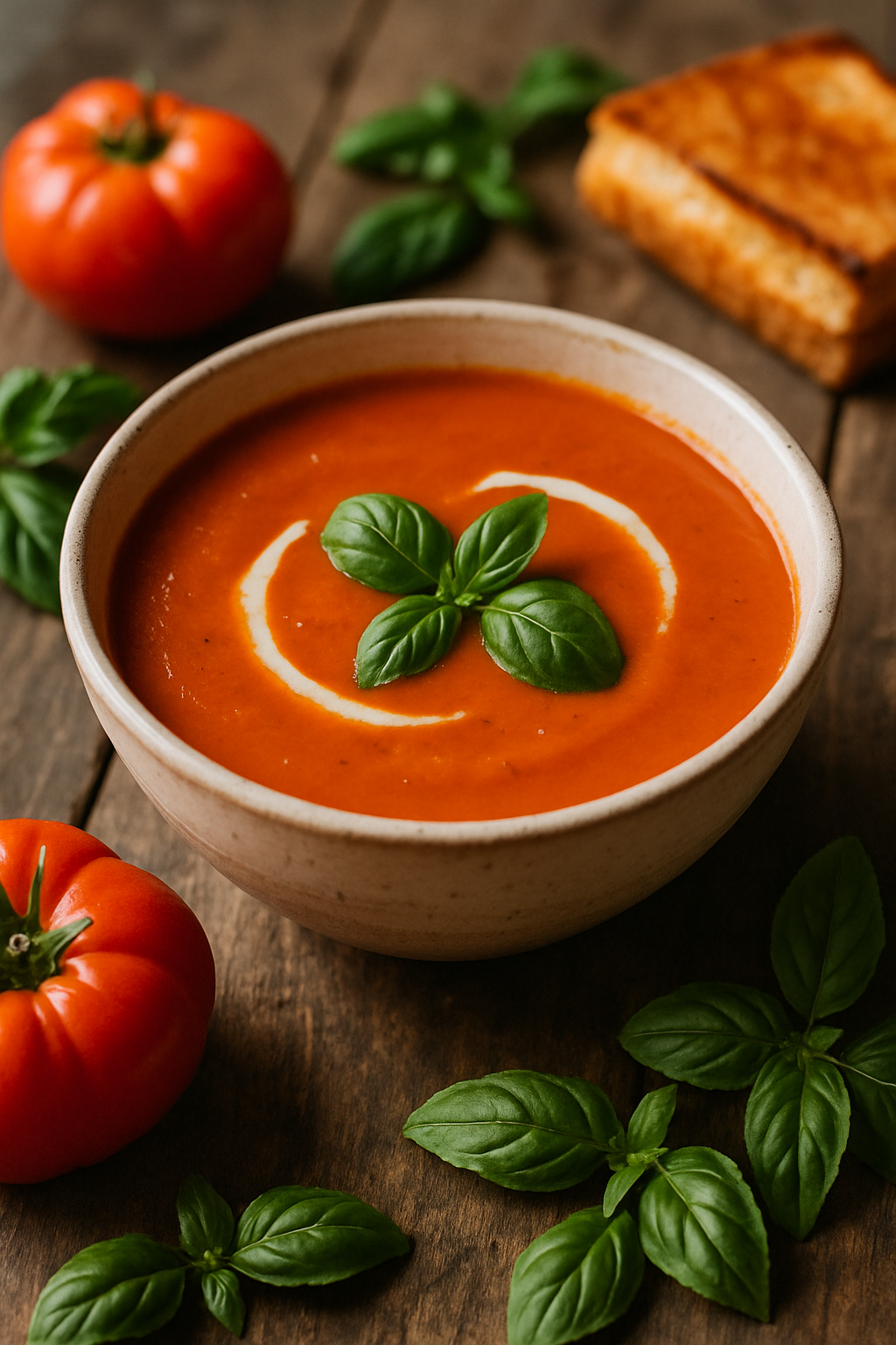 Vertical shot of Classic Tomato Basil Soup with fresh ingredients and grilled cheese